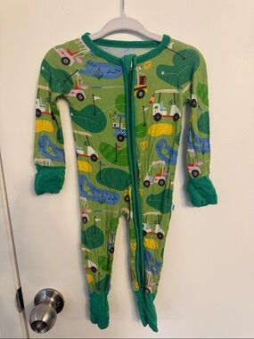Little Sleepies Green Golf Cart Print Footed One-Piece